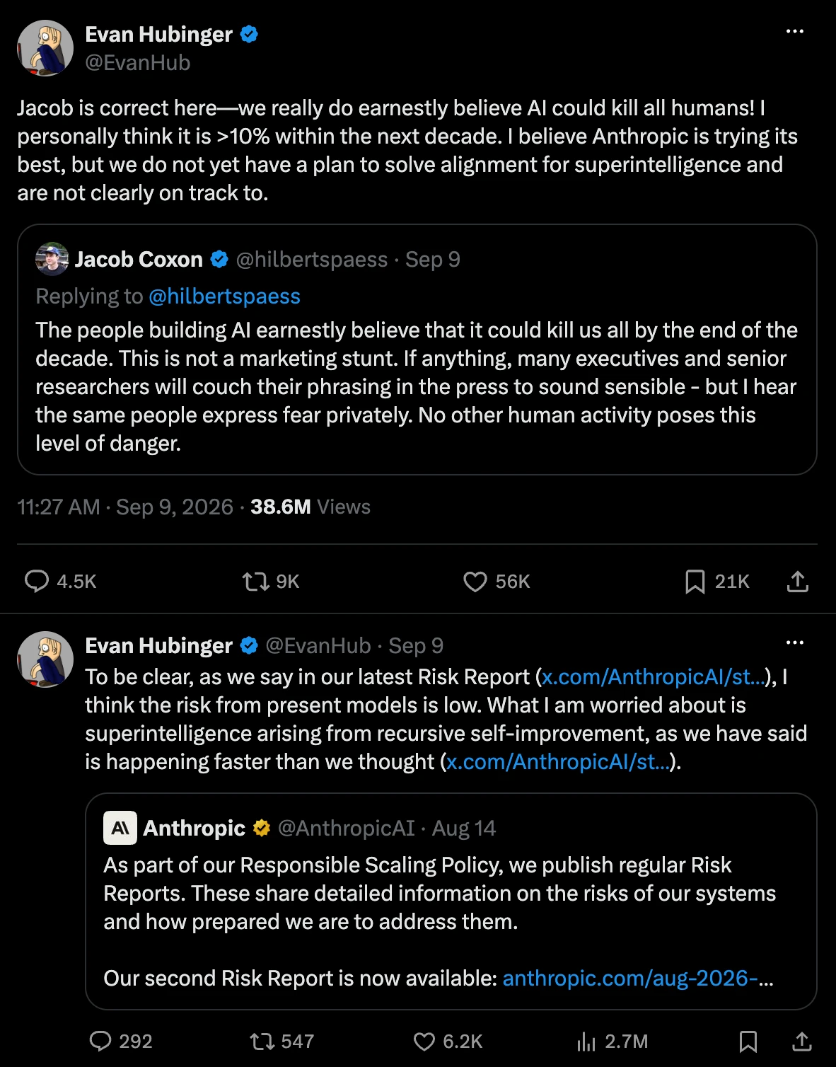 Screenshot of Evan Hubinger’s response about AI alignment and extinction risk.