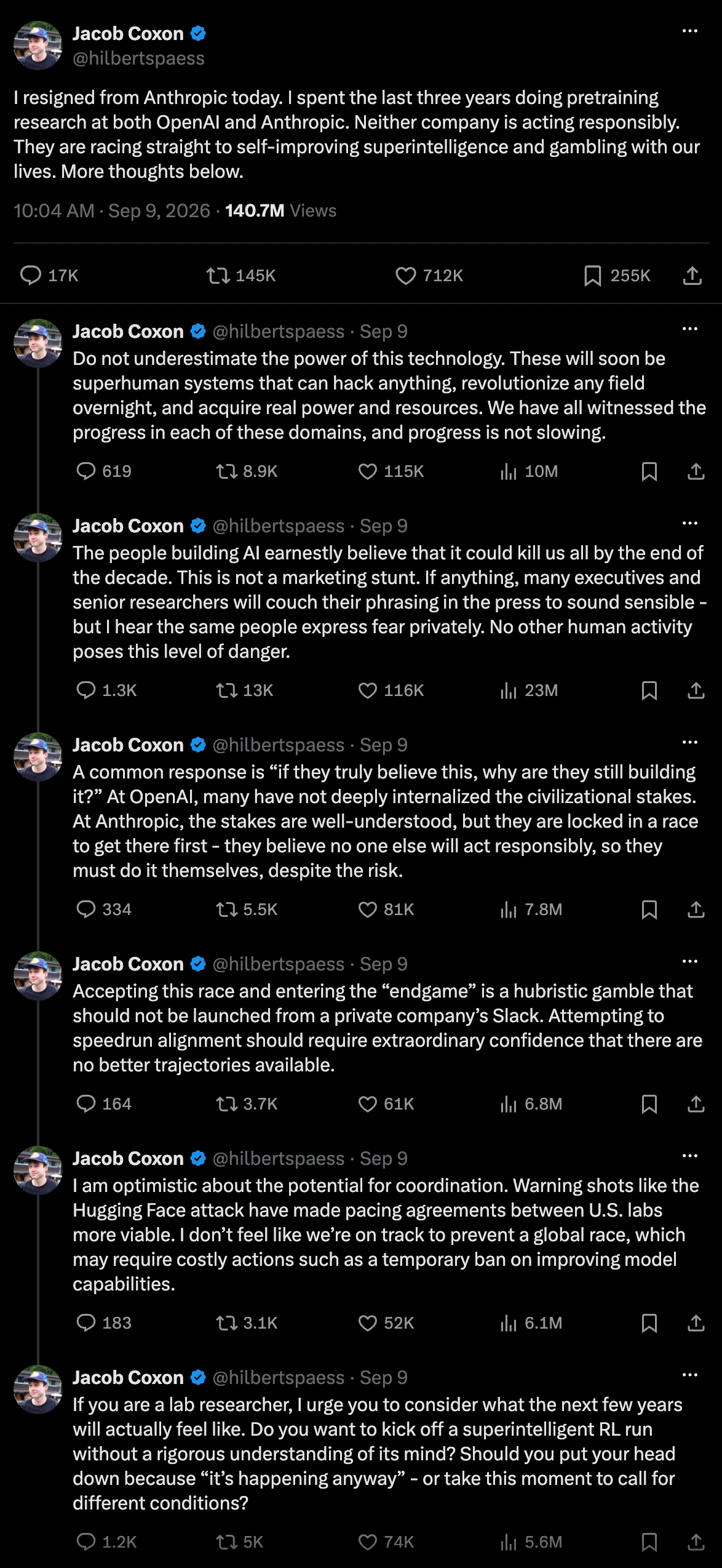 Screenshot of Jacob Coxon’s resignation thread on X.