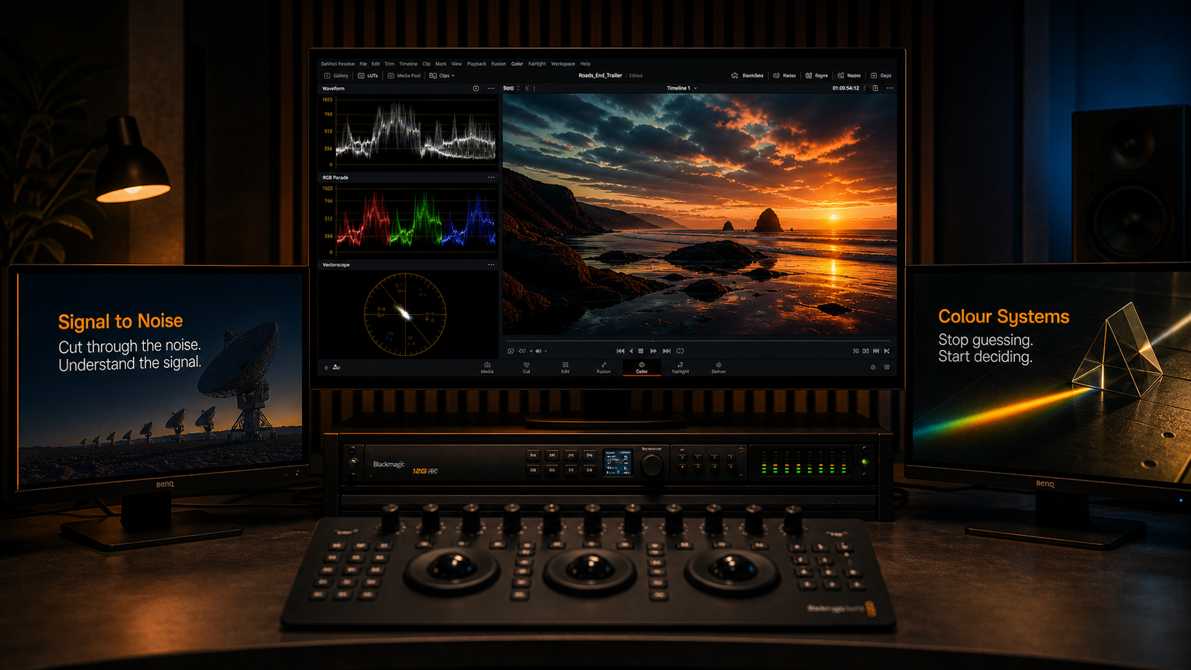 Three-monitor grading studio composition featuring the exact Signal to Noise and Colour Systems course covers with a hero scopes display