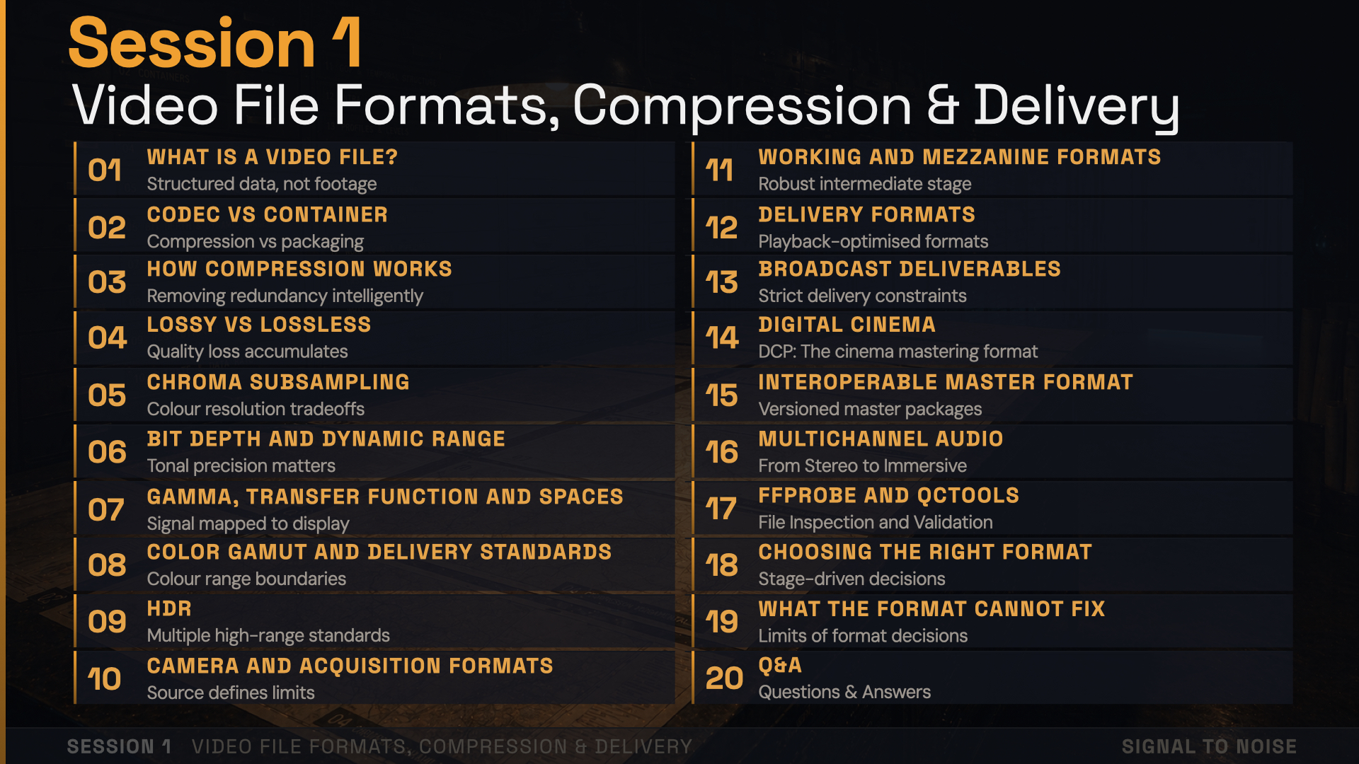Signal to Noise session 1 agenda