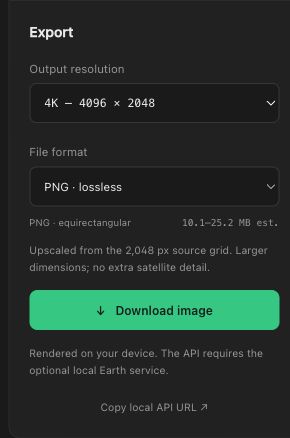 Earth export panel set to a 4K PNG, showing its estimated size, upscale notice, download button and local API URL control.