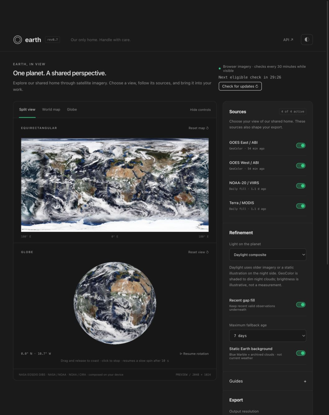 Earth app split view showing an equirectangular map, a globe and four satellite source switches.