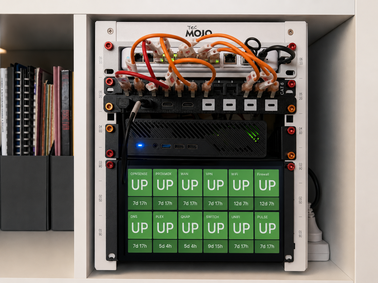 Rack-mounted homelab observability kiosk showing green Grafana status panels beneath a Minisforum MS-01 and patch panel