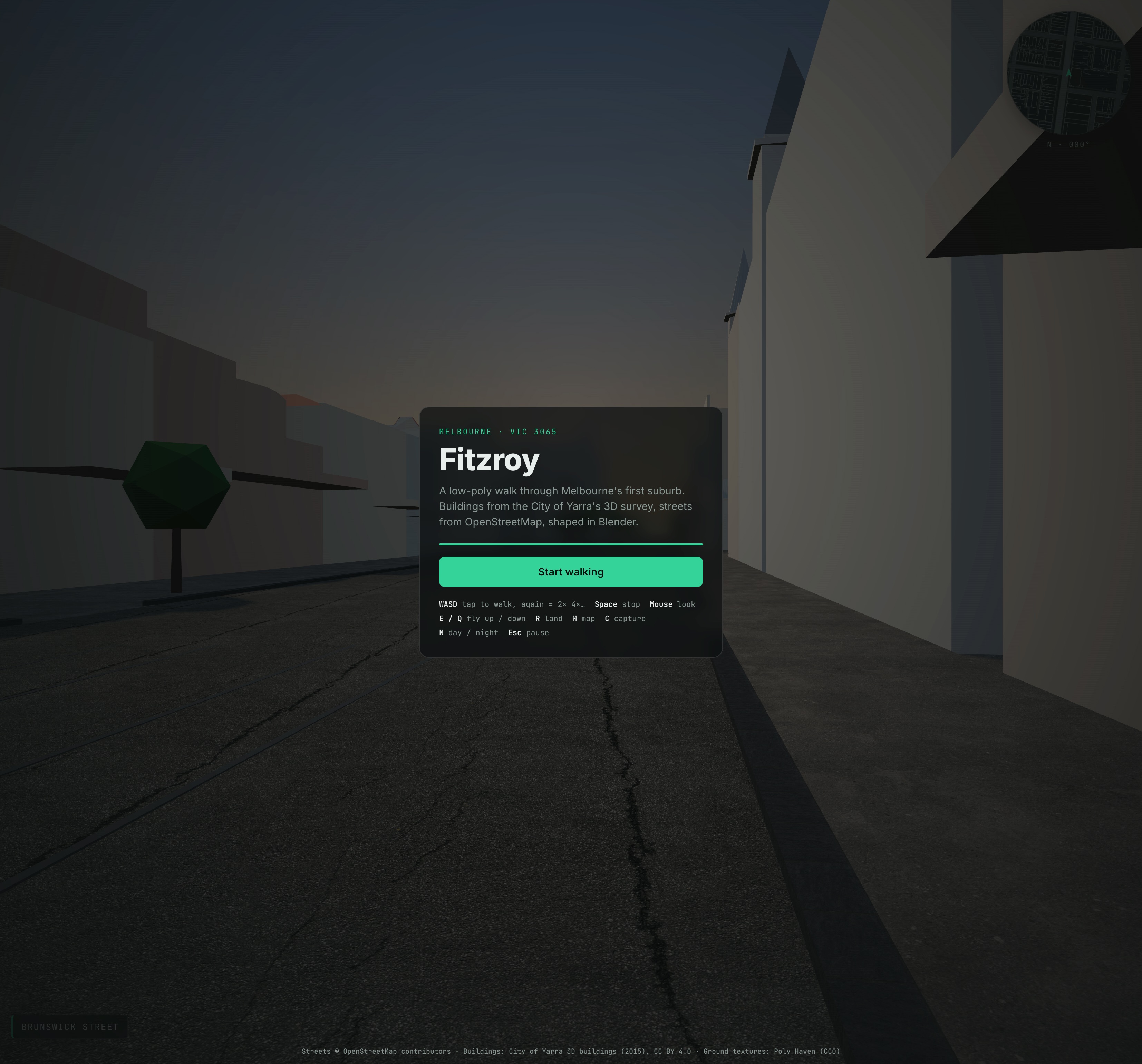 Fitzroy browser walk start screen over a low-poly Brunswick Street scene at dusk