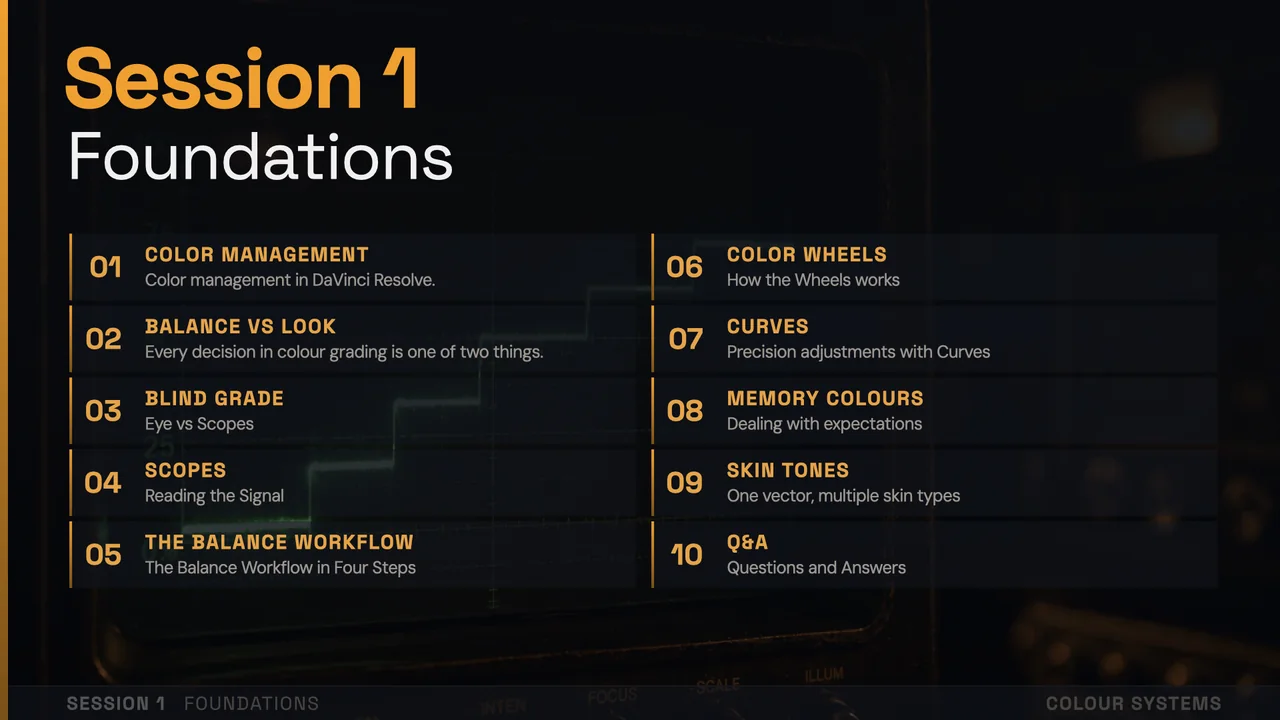 Session 1 Foundations slide listing the topics of a DaVinci Resolve colour training session